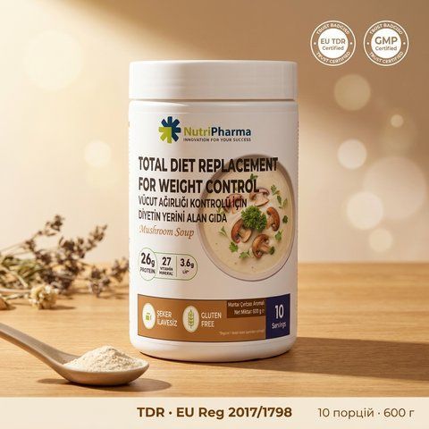 Банка Nutripharma Поживний суп Грибний 600 г на дерев'яній поверхні &mdash; замінник раціону EU TDR, livestashop