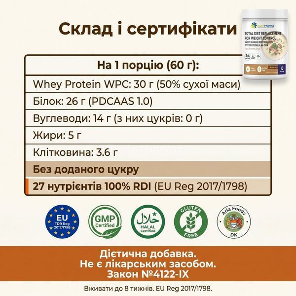 Склад Nutripharma: 30 г сироваткового протеїну, 27 вітамінів і мінералів &mdash; сертифікати GMP, ISO, Halal, gluten free, livestashop