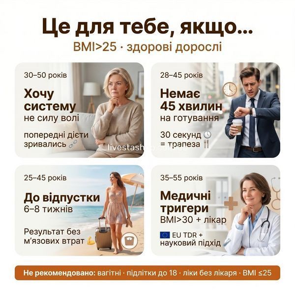 Кому підходить Nutripharma &mdash; 4 сегменти аудиторії: системний, зайнятий, подійник, здоровий, livestashop