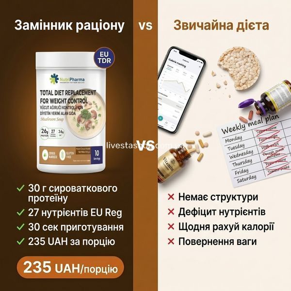 Замінник раціону Nutripharma vs звичайна дієта &mdash; структура vs хаос, 30 г протеїну, 235 грн за порцію, livestashop