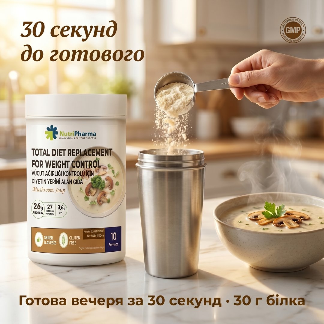 Тарелка готового грибного супа Nutripharma рядом с шейкером и мерной ложкой на тёплом бежевом фоне
