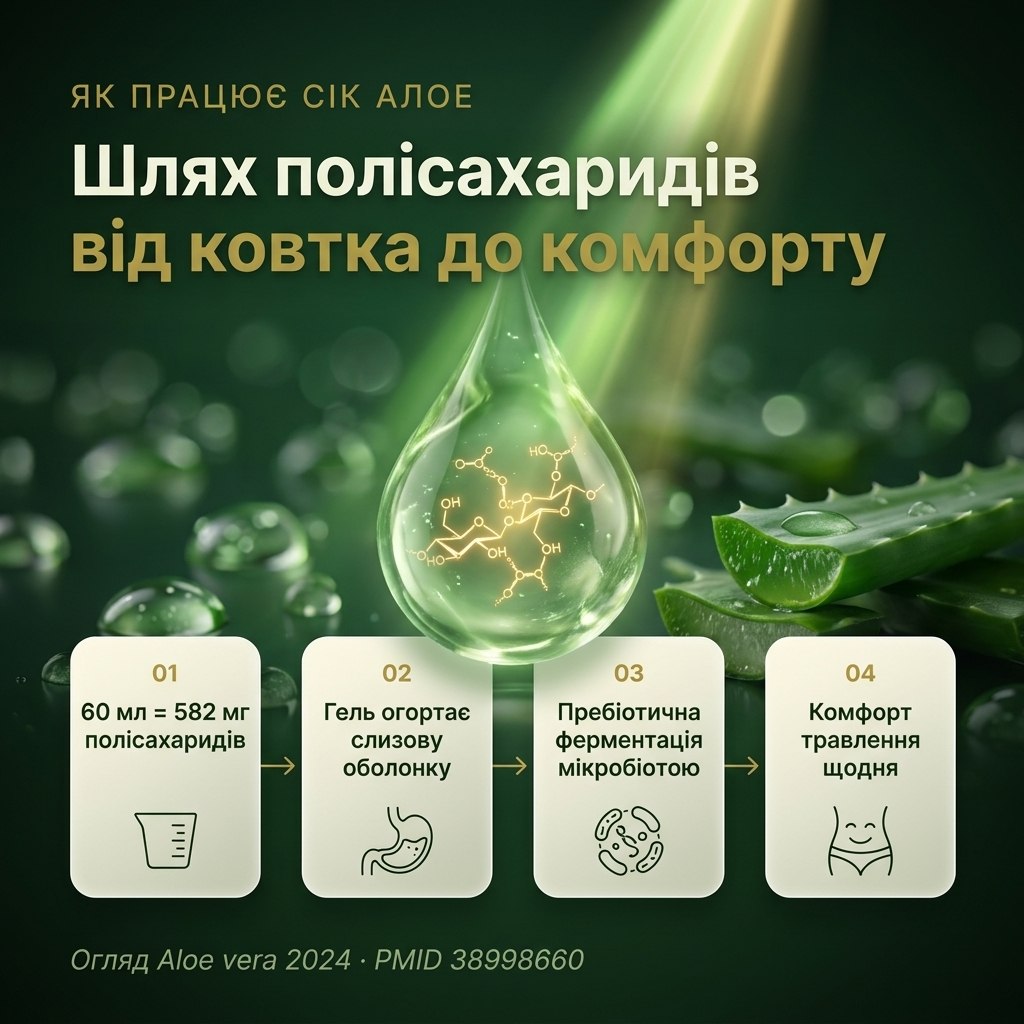 Pharmalife Сок Алоэ — механизм действия полисахаридов: покрытие слизистой ЖКТ, пребиотическая ферментация, поддержка иммунной функции через ацеманнан