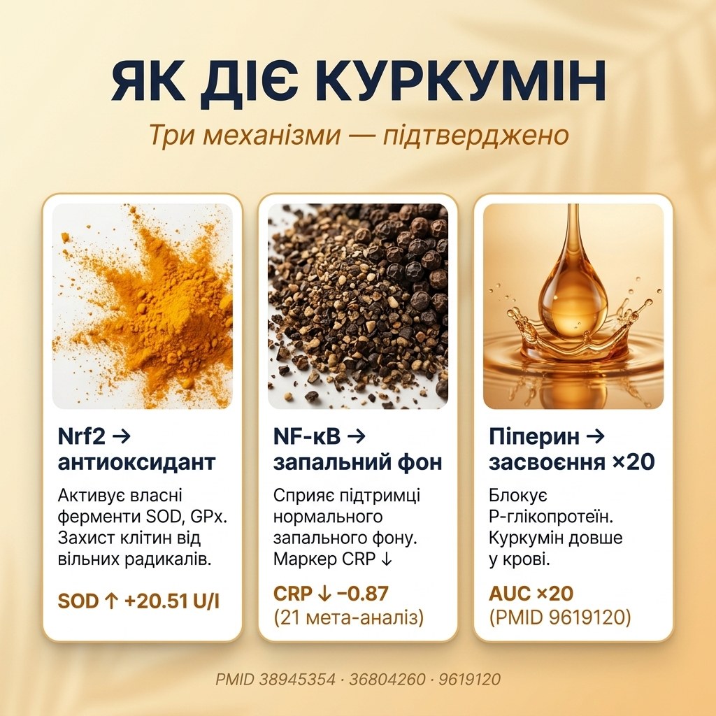 Механізм дії куркуміну Vitanil's — антиоксидантний захист і засвоєння з піперином