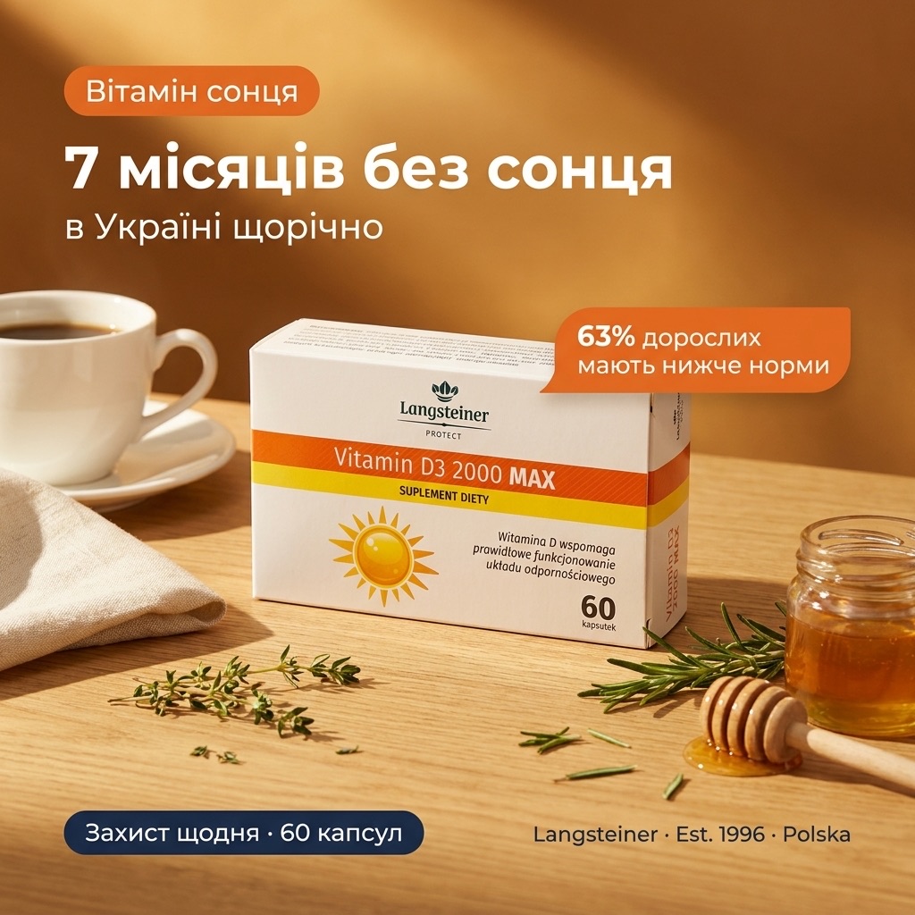 Упаковка Langsteiner Вітамін D3 2000 MAX біля вікна в теплому ранковому сонячному світлі