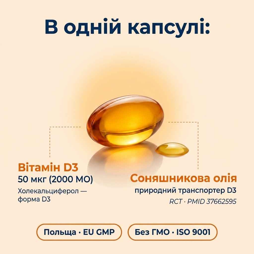 Інфографіка механізму дії вітаміну D3: засвоєння кальцію через VDR, підтримка імунітету та олійний транспорт через капсулу