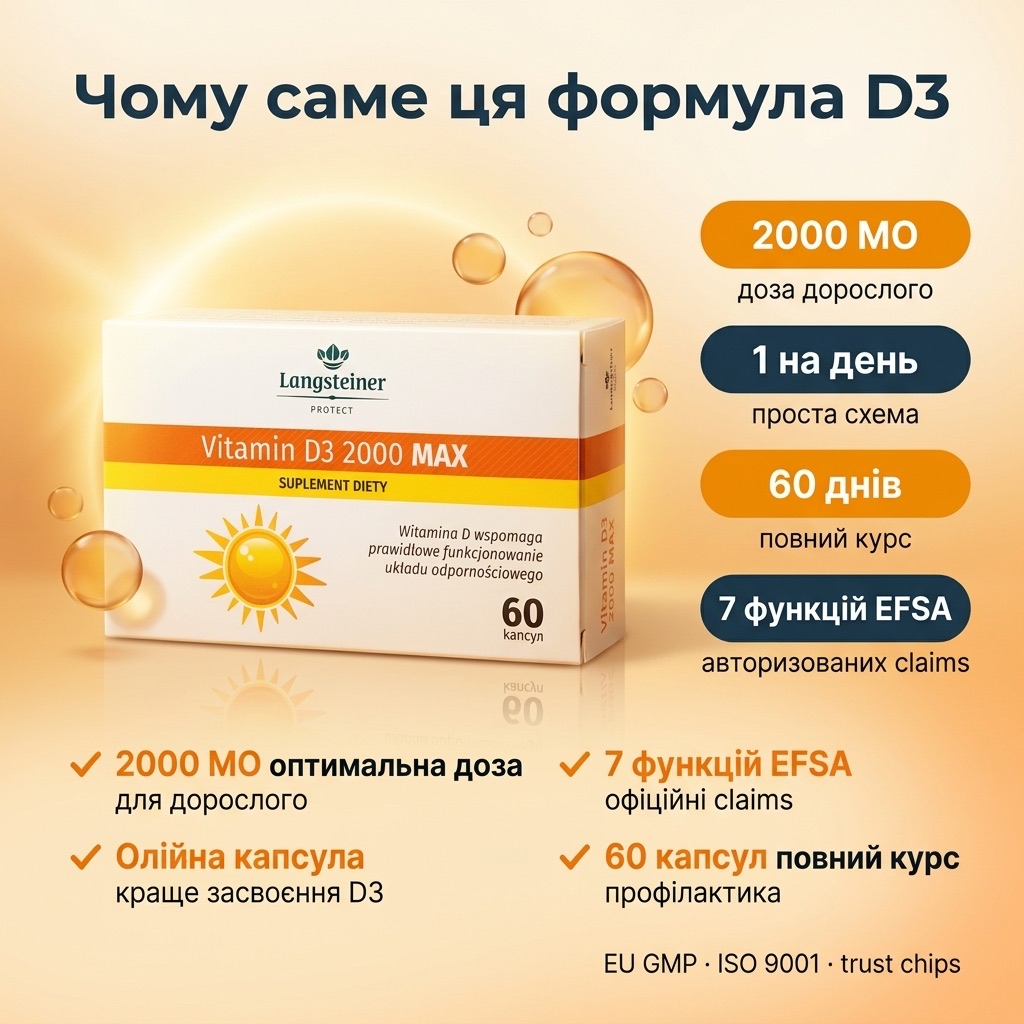 Langsteiner Вітамін D3 2000 MAX — біла упаковка з оранжево-жовтою смугою і сонцем, поряд олійні softgel капсули на світлому столі в сонячному освітленні