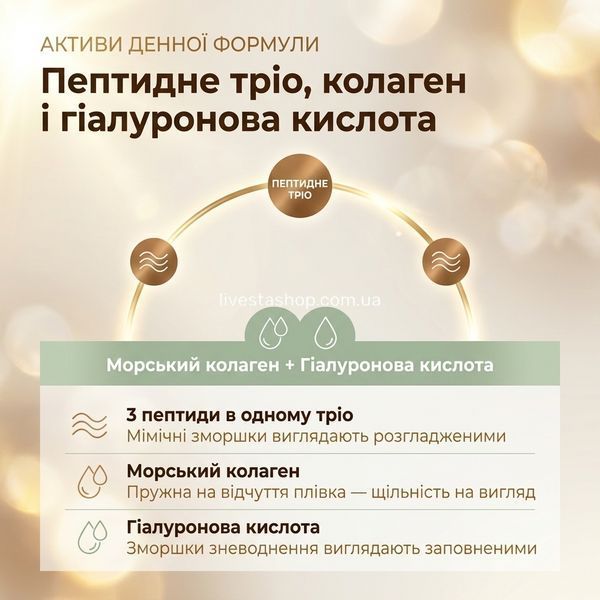Активи денного крему CollagenaT AGE-DEFEND &mdash; пептидне тріо для розгладженого вигляду мімічних зморшок, морський колаген і гіалуронова кислота для пружності та наповненості на вигляд; livestashop