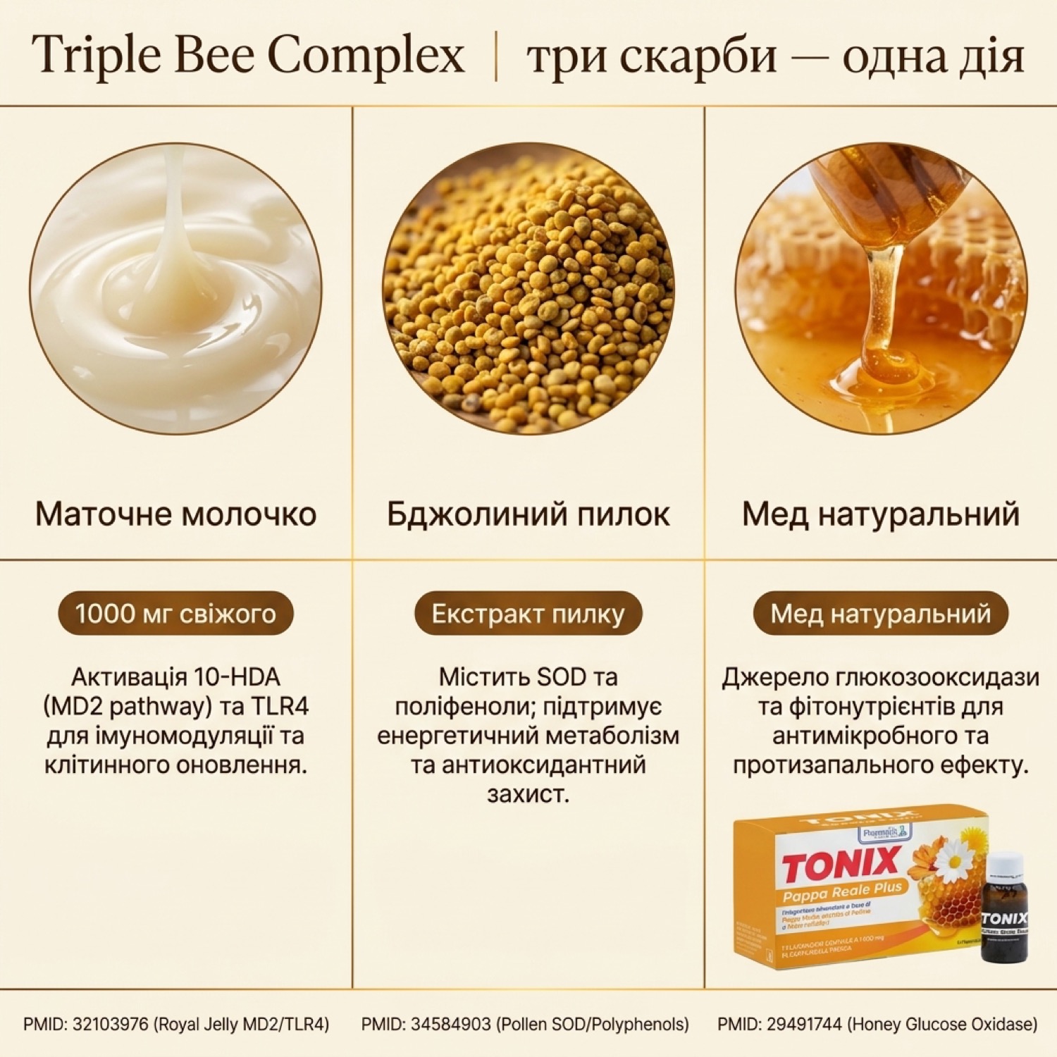 Triple Bee Complex Tonix Pappa Reale Plus — маточне молочко, пилок, мед у рідкому флаконі 15 мл