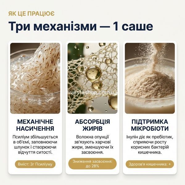 Три механізми Oxantin &mdash; механічне насичення, абсорбція жирів, підтримка мікробіоти, fiber gel ефект