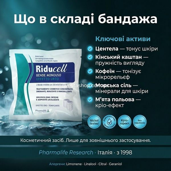 Склад Riducell бандажів EFFETTO URTO &mdash; центела, есцин, кофеїн, морська сіль, олія м'яти + Vegan, Dermat. tested, Nickel tested, Made in Italy, Pharmalife Research 1998