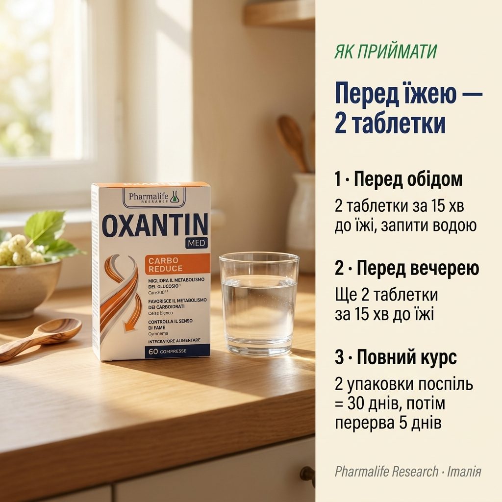 Женщина перед обедом принимает Oxantin для нормализации постпрандиальной глюкозы