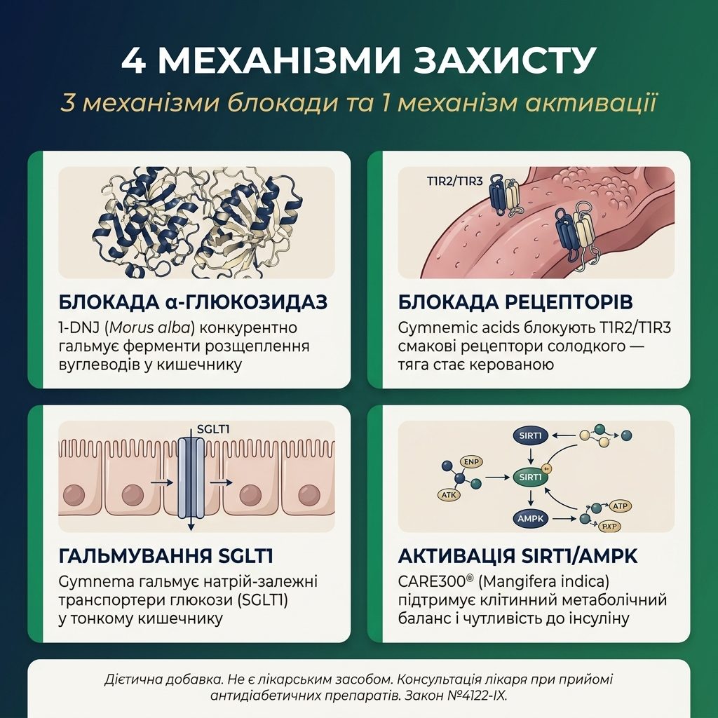 Механизм Oxantin — три точки воздействия на углеводный обмен