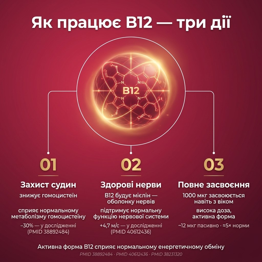 Інфографіка механізму дії вітаміну B12: метаболізм гомоцистеїну, синтез мієліну для нервової системи та пасивна дифузія від дози 1000 мкг