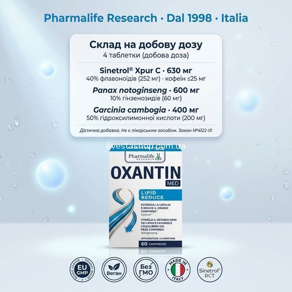 Склад Oxantin Lipid Reduce 60 таблеток &mdash; Sinetrol 630мг, нотоженьшень 600мг, гарциния 400мг, EU GMP Italia