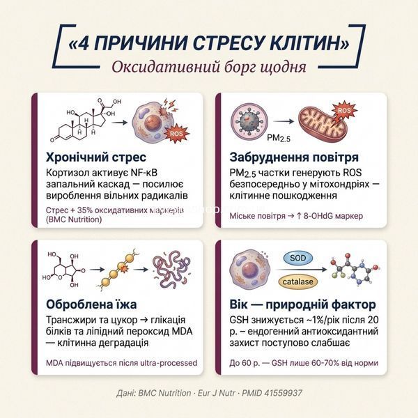 4 причини оксидативного стресу &mdash; хронічний стрес, забруднення, їжа, вік &mdash; Ресвератрол Vitanil's