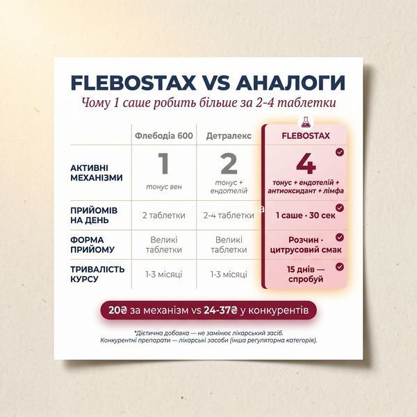 Flebostax vs Детралекс vs Флебодіа &mdash; 4 механізми дії проти 2 і 1, 1 саше за 30 секунд проти 2-4 таблеток, 20₴ за механізм