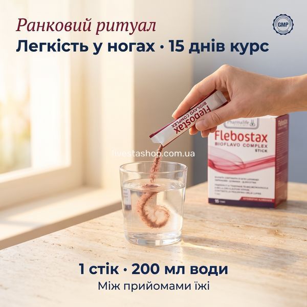 Flebostax стік розчиняють у склянці води &mdash; ранковий ритуал для здоров'я вен, Livestashop