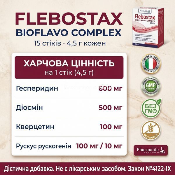 Склад Flebostax BIOFLAVO COMPLEX &mdash; гесперидин 600мг, діосмін 500мг, кверцетин, рускус. Дієтична добавка
