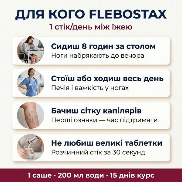 Для кого Flebostax &mdash; сидяча робота 8 годин, на ногах весь день, перші капілярні ознаки, альтернатива великим таблеткам