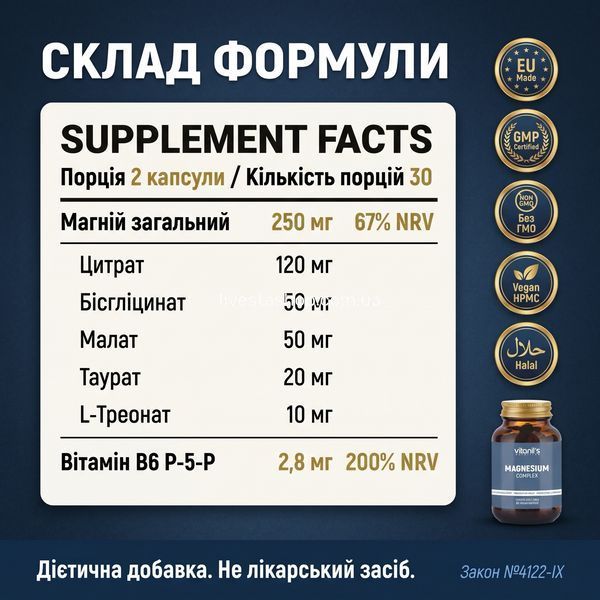 Склад Vitanil's Комплекс Магнію &mdash; 5 форм 250мг + B6 P-5-P, GMP EU Без ГМО, livestashop