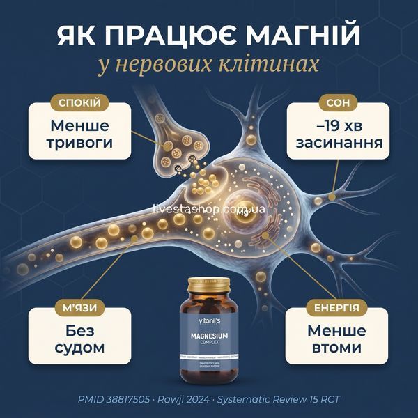 Інфографіка магнію &mdash; як працює в нервових клітинах: спокій, сон, м'язи, енергія, Vitanil's, livestashop