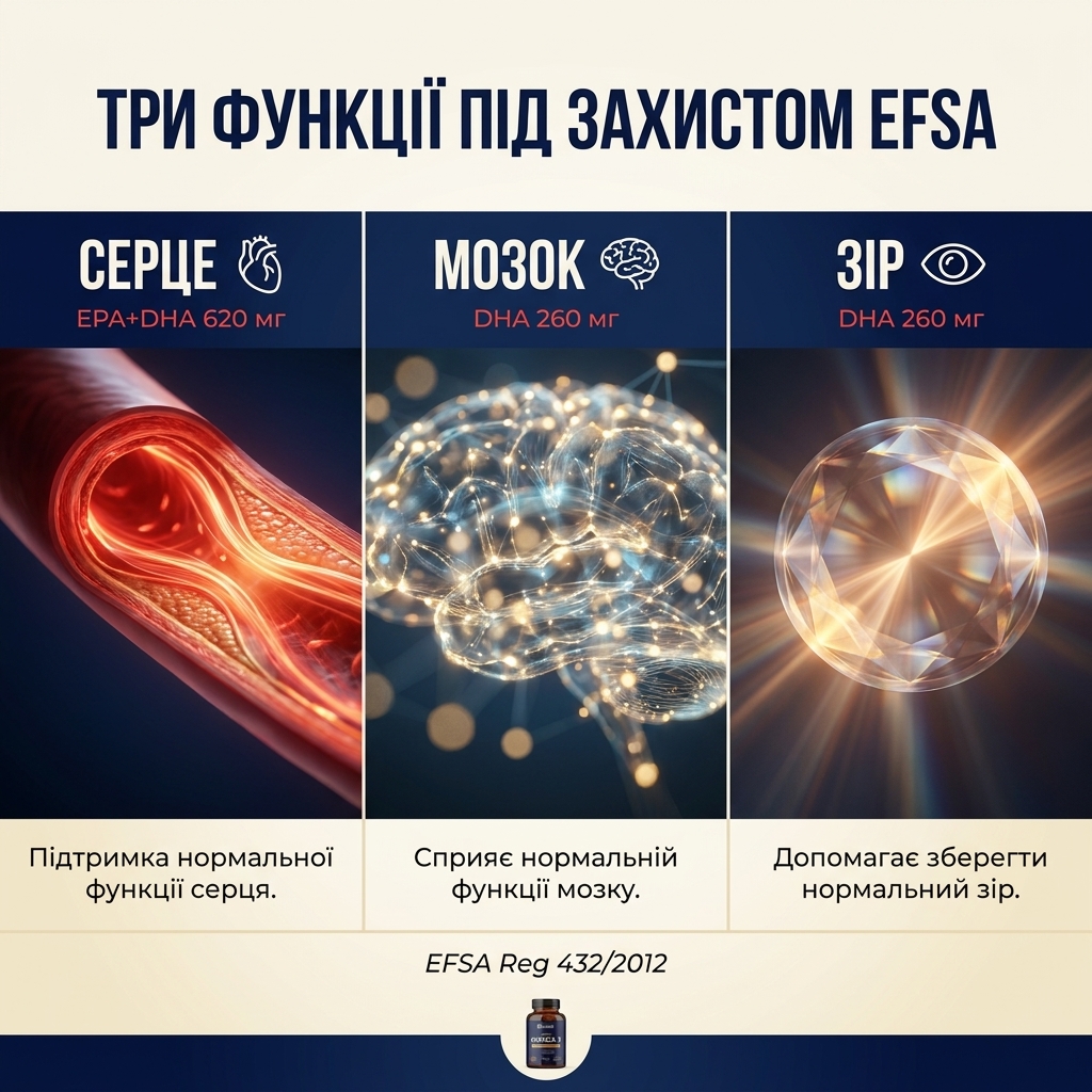 Инфографика Vitanil's Omega 3 triple-EFSA: 620 мг EPA+DHA из одной капсулы — сердце, мозг и зрение получают поддержку синхронно в трёх системах организма