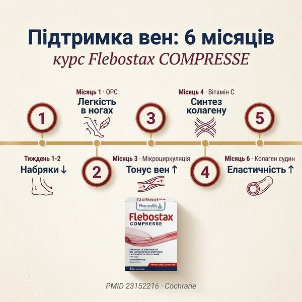 Часова шкала ефекту Flebostax COMPRESSE &mdash; 6 місяців для венозного здоров'я, livestashop