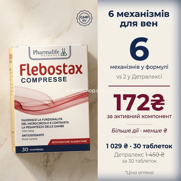Flebostax COMPRESSE 6 механізмів vs Детралекс 2 &mdash; порівняння ціни та складу, livestashop