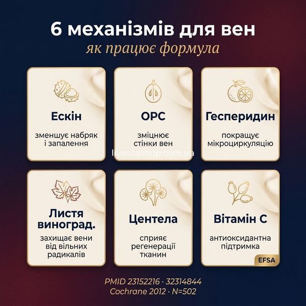 Механізм дії Flebostax COMPRESSE &mdash; 6 компонентів і венозна стінка, інфографіка, livestashop