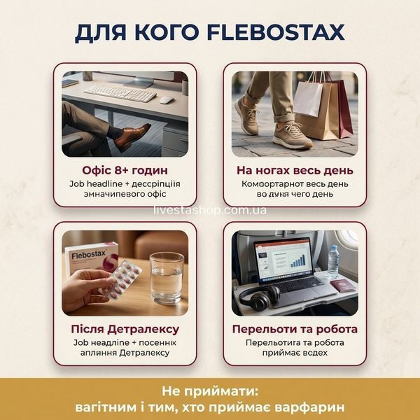 Для кого Flebostax COMPRESSE &mdash; офіс, робота стоячи, подорожі, після Детралексу, livestashop