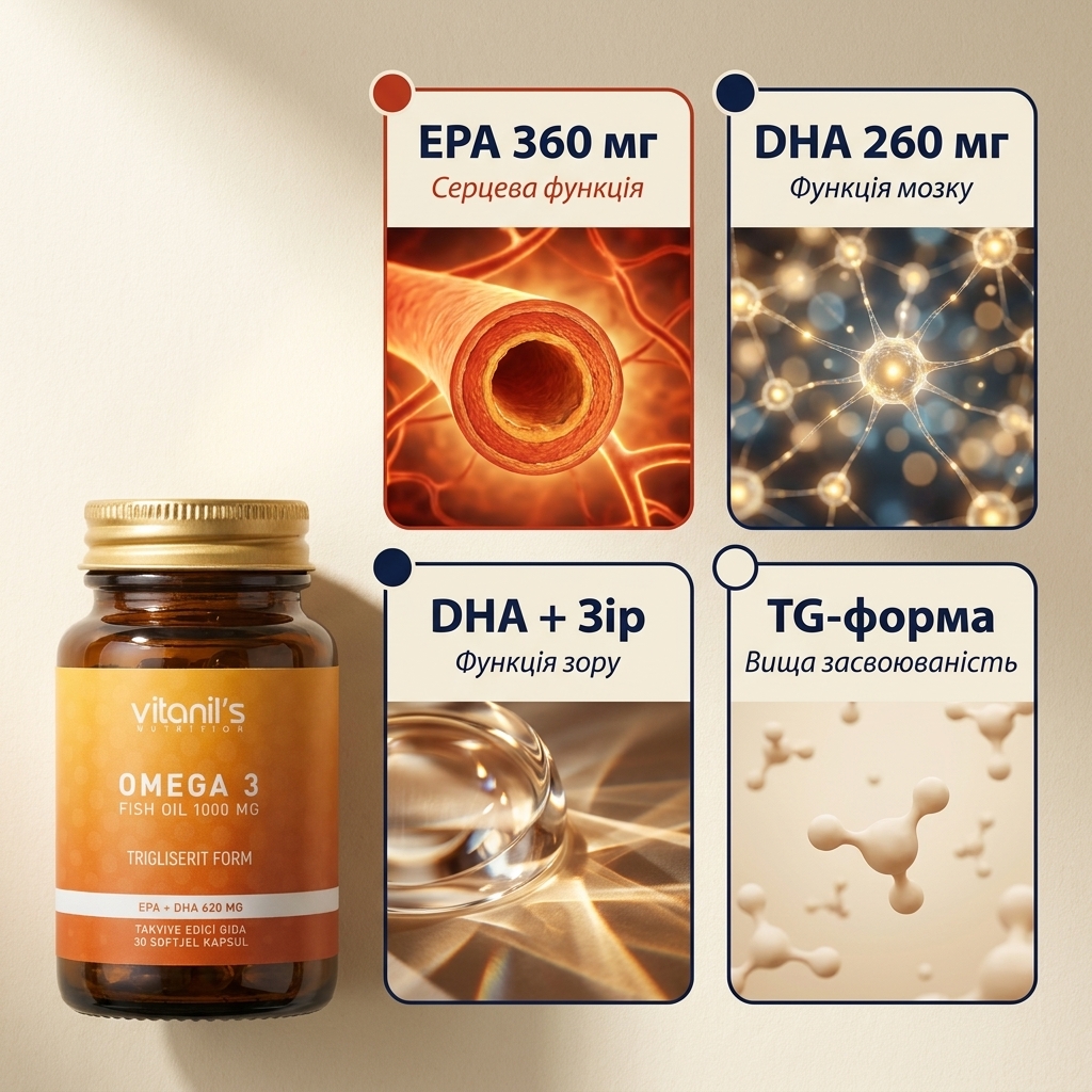 Інфографіка Vitanil's Omega 3 triple-EFSA: 620 мг EPA+DHA з однієї капсули — серце, мозок і зір отримують підтримку синхронно в трьох системах організму