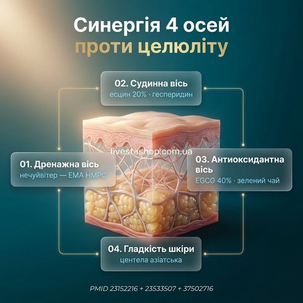Схема 4 механізмів Riducell проти целюліту &mdash; дренаж, мікроциркуляція, антиоксидант