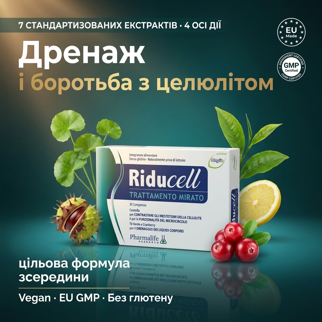 Riducell Дренаж та боротьба з целюлітом — 30 таблеток Pharmalife Research для виведення зайвої рідини і підтримки водного балансу