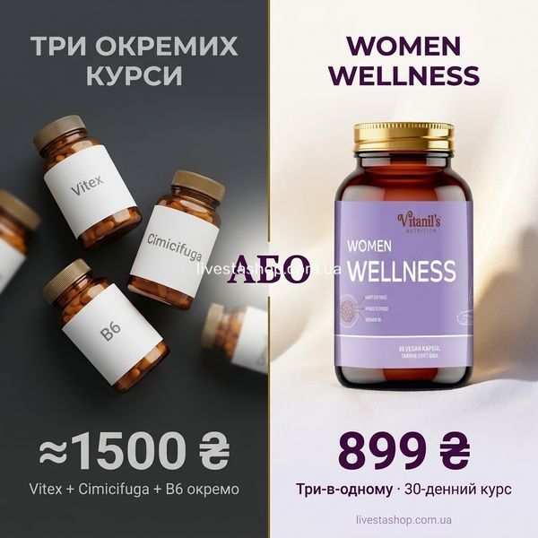Порівняння курсів жіночого здоров'я: 3 окремі препарати &asymp;1500 ₴ vs Vitanil's WOMEN WELLNESS 899 ₴ на livestashop
