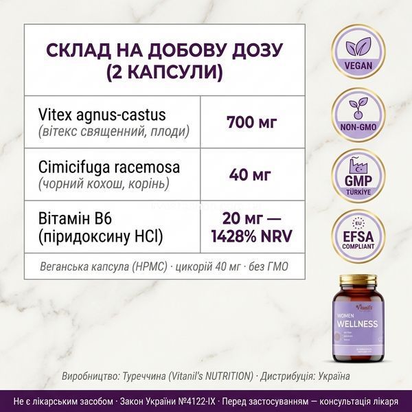Склад Vitanil's WOMEN WELLNESS: Vitex 700 мг, Cimicifuga 40 мг, B6 20 мг &mdash; EMA EFSA GMP, livestashop