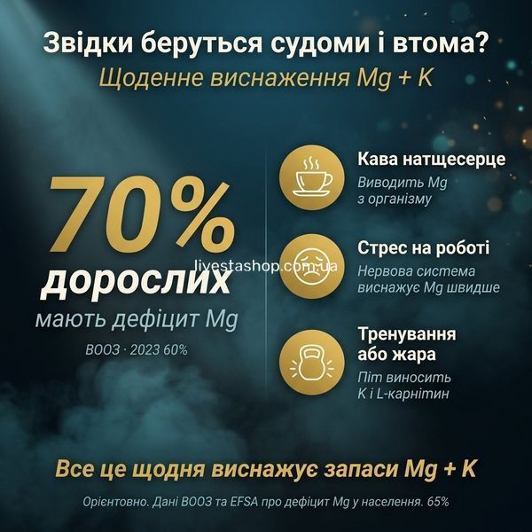 Ознаки дефіциту магнію &mdash; нічні судоми, важкі ноги, безсоння, Mg+K комплекс Pharmalife