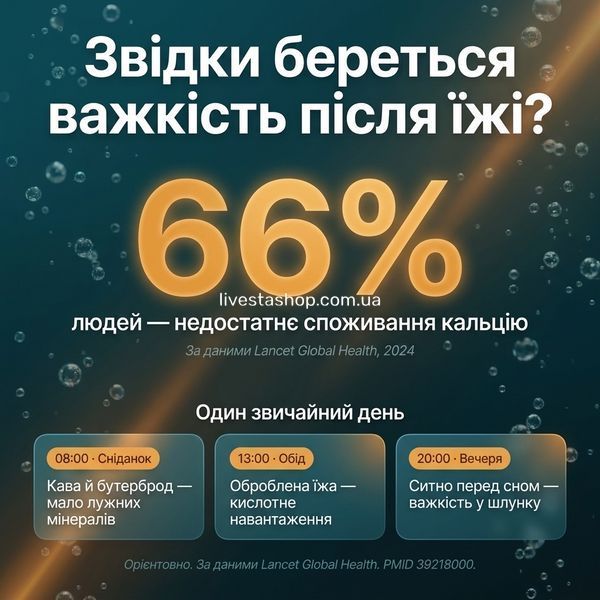 Звідки береться важкість після їжі &mdash; 66% людей недостатньо споживають кальцій, один день кислотного навантаження, Lancet Global Health 2024, livestashop
