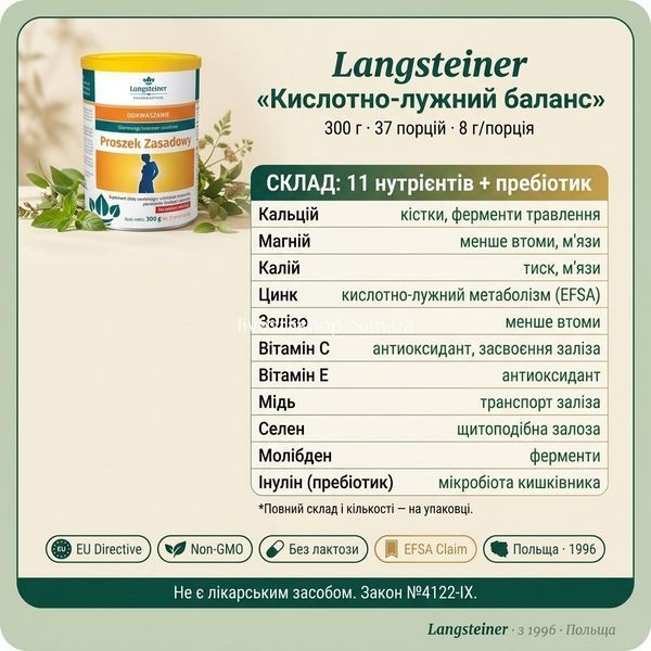 Langsteiner Кислотно-лужний баланс &mdash; склад 11 нутрієнтів: Ca Mg K Zn Fe Cu Se Mo Vit C E плюс інулін, EFSA claim, Закон №4122-IX