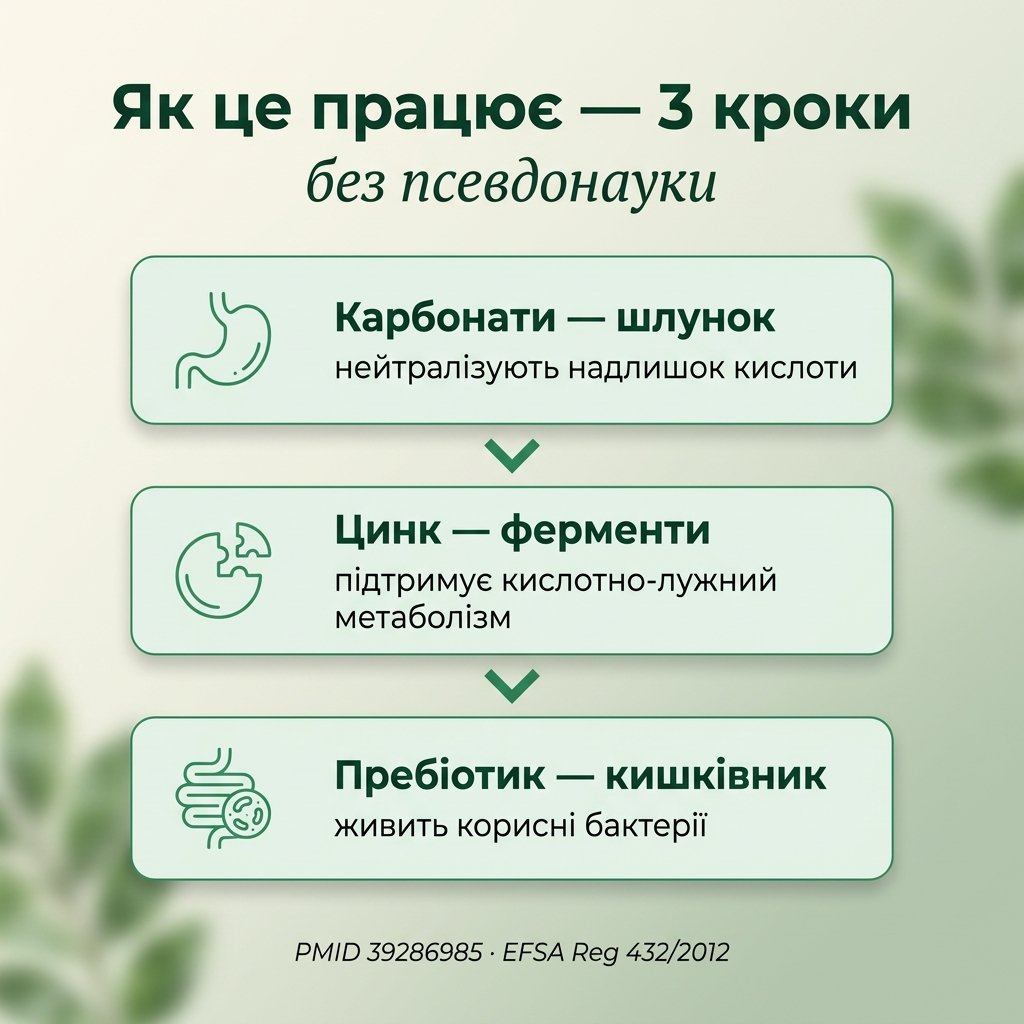 Как работает Langsteiner в 3 шага: карбонаты в желудке → цинк и ферменты → пребиотик в кишечнике