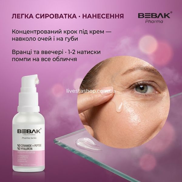 Легка антивікова сироватка BEBAK Pharma &mdash; прицільне нанесення на зону навколо очей і &laquo;гусячі лапки&raquo; зрілої шкіри 45-55, концентрований крок під крем вранці та ввечері, свотч серуму на склі