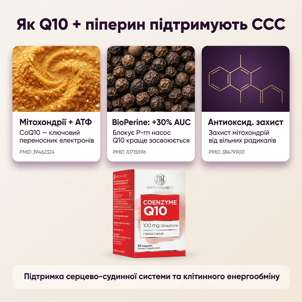Схема трьох шляхів дії NATURALNEST Q10 — мітохондріальний синтез АТФ, антиоксидантний захист убіхінолом, посилене засвоєння завдяки піперину