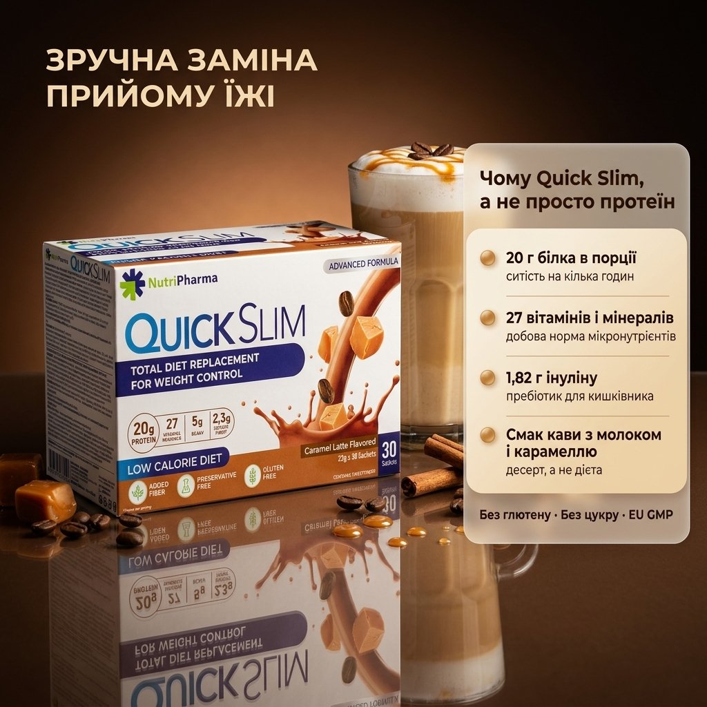 Женщина готовит коктейль Quick Slim «Карамельный латте» утром на кухне — насыпает саше в шейкер со стаканом молока, рядом открытая упаковка и кофейные зёрна