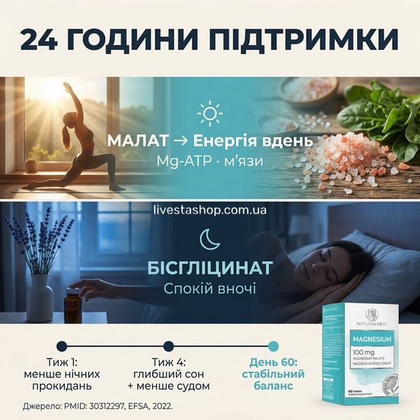 Як NATURALNEST Магній діє вдень і вночі &mdash; 24 години дві форми малат бісгліцинат