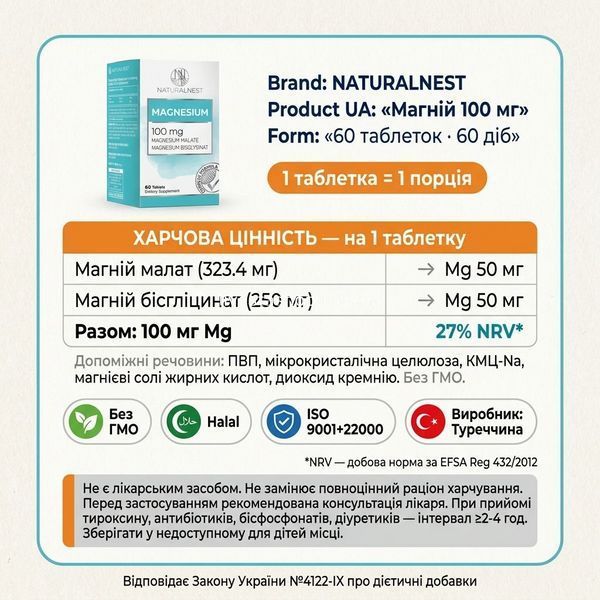 NATURALNEST Магній склад і сертифікати &mdash; Halal ISO 9001 ISO 22000 GMP Закон 4122-IX
