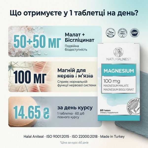Що отримуєте у 1 таблетці &mdash; 50+50 мг малат+бісгліцинат, 100 мг для нервів і м'язів, 14.65 ₴/день