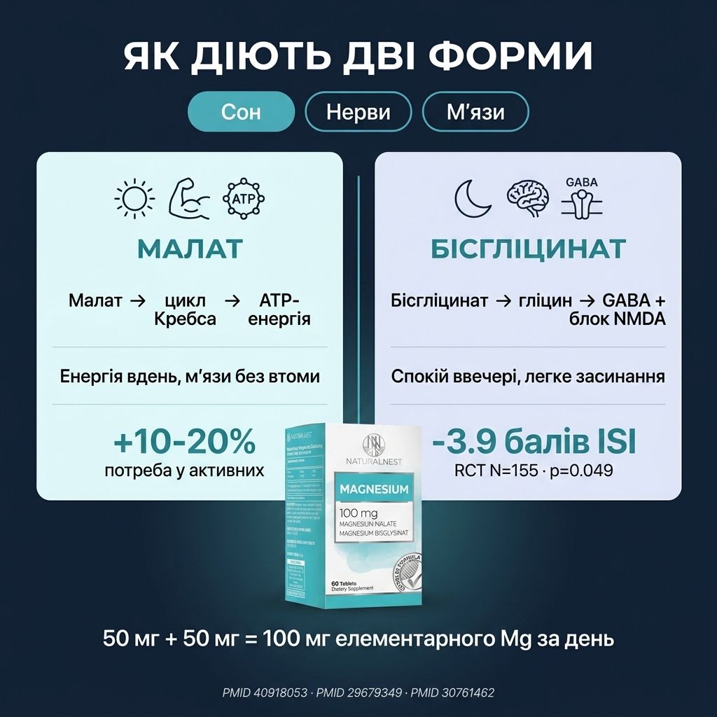 Инфографика трёх механизмов NATURALNEST Магний: бисглицинат в нервной системе (GABA/NMDA), малат в мышцах и митохондриях, Mg-ATP комплекс в клеточном энергообмене — три цели, одна таблетка