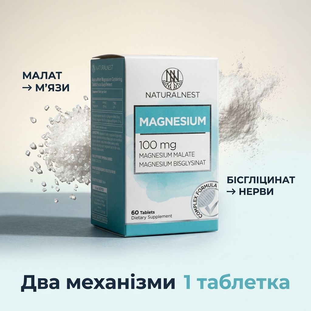 NATURALNEST Магний 60 таблеток — макроплан таблетки на teal/turquoise фоне рядом с символическими дольками яблока (малат) и зернами аминокислот (бисглицинат): две хелатные формы в одной таблетке