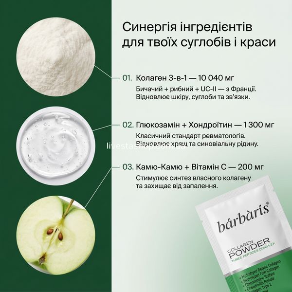 Синергія інгредієнтів у саше Barbaris: 3 типи рибного колагену з глюкозаміном і хондроїтином для суглобів