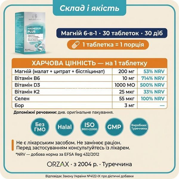 Supplement Facts NATURALNEST Магній 200мг 6 компонентів, ORZAX Туреччина з 2004, GMP ISO EU, Закон №4122-IX, livestashop
