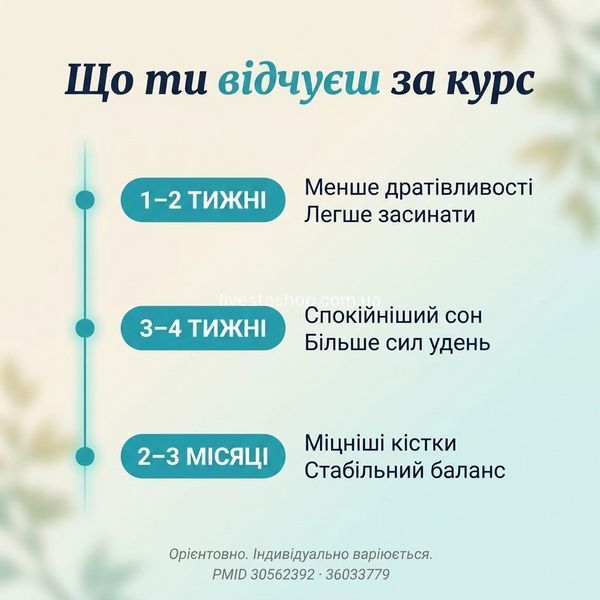 Таймлайн ефекту NATURALNEST Магній: 1&ndash;2 тижні сон, 2&ndash;4 тижні нерви, 2&ndash;3 місяці D3 кістки, вертикальний timeline, livestashop